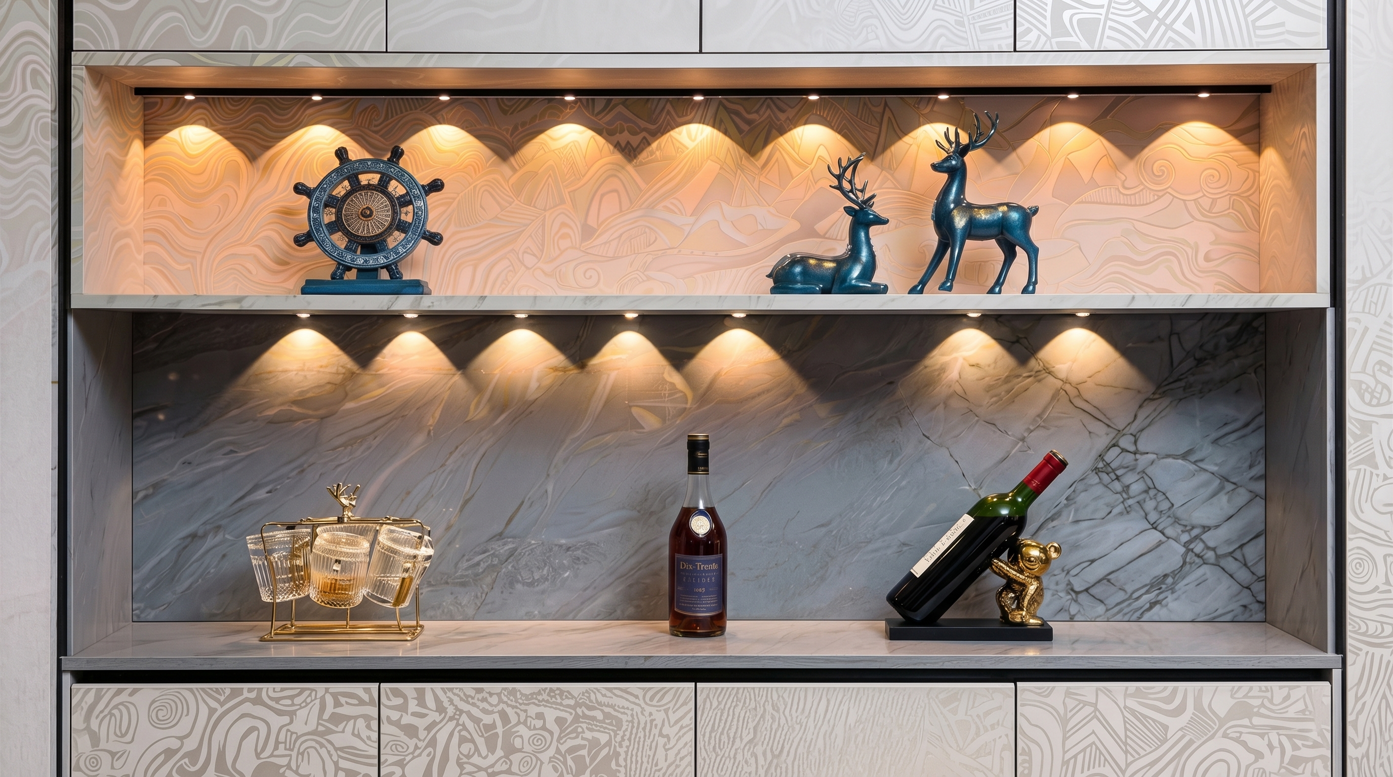 HD cabinet lighting solution featuring rhythmic light patterns on display shelves